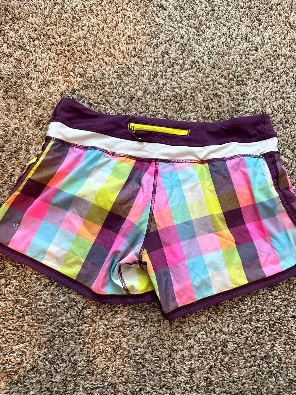 lululemon athletica Multicolor Plaid Running Shorts with Purple Waistband